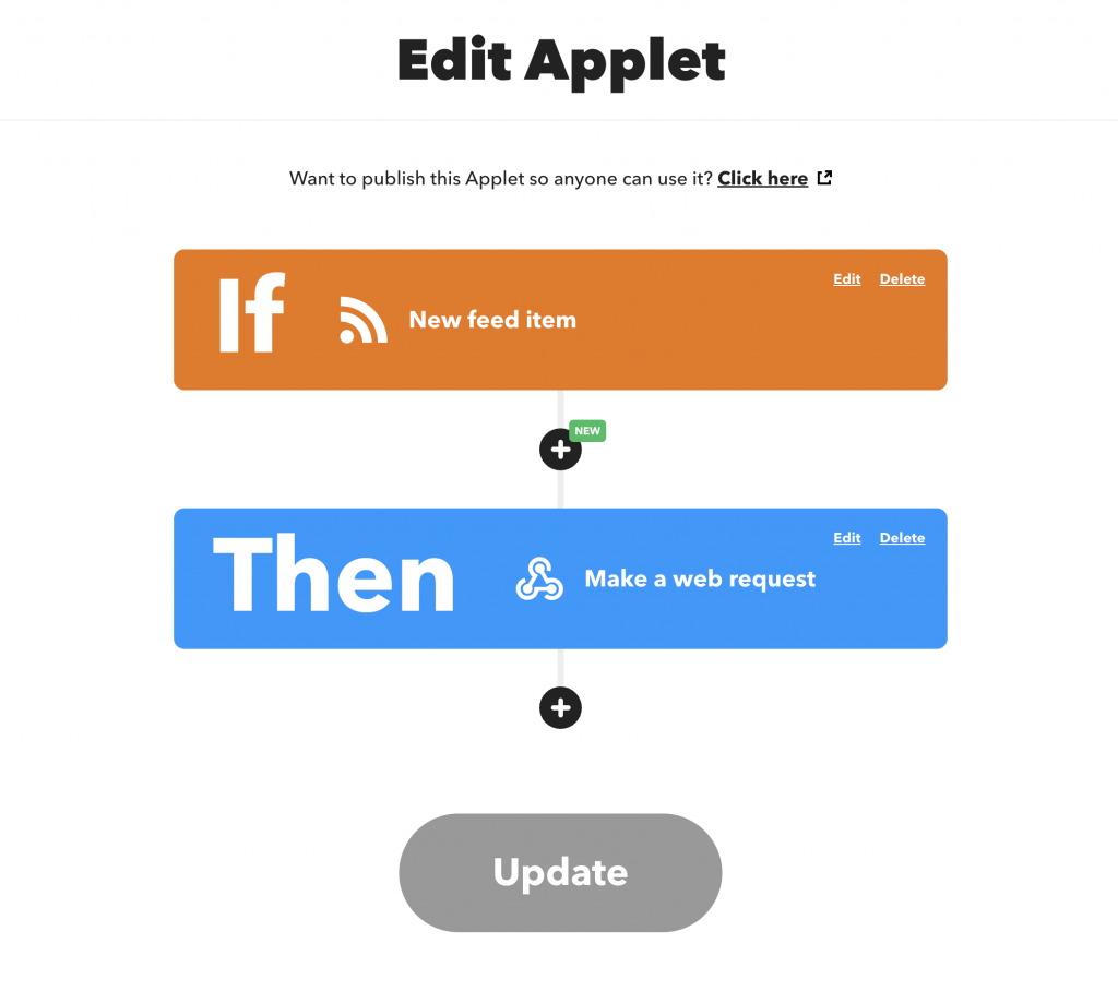 An IFTTT applet edit screen which shows the trigger as a new feed item and the action as "make a web request"