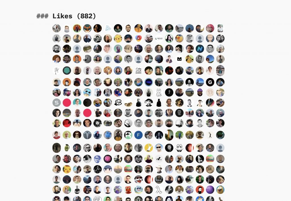 A massive block avatar images with a heading, 'likes (882)". 