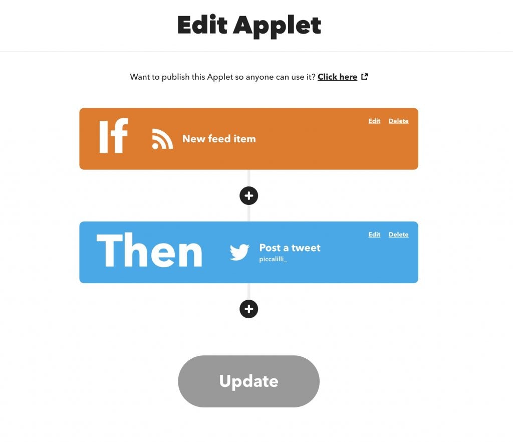 A screenshot of my IFTTT setup where I post a tweet if a new item in my mastodon RSS feed shows up. 