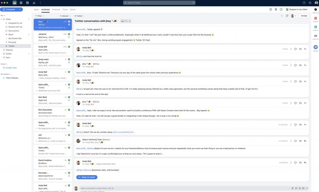 A screenshot of Front, showing multiple Twitter conversations along with email 